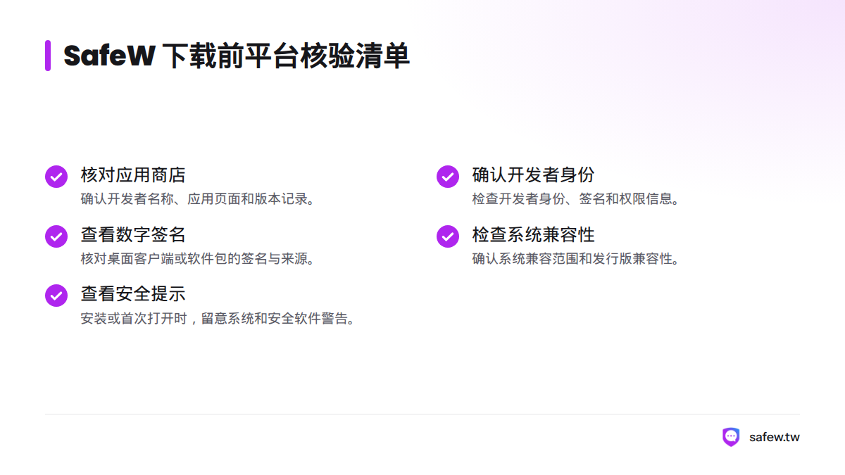 清单涵盖苹果手机、安卓手机、视窗电脑、苹果电脑和 Linux 下载前需要核对的来源、版本、签名与权限信息。