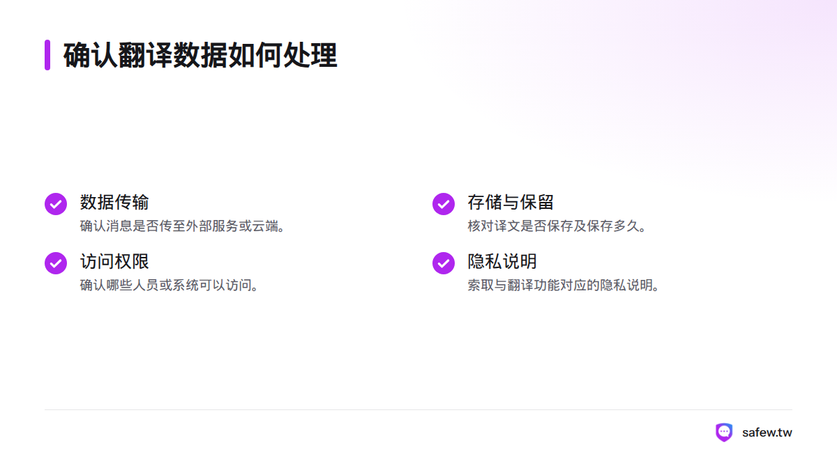 数据核查清单包括传输、存储与保留期限、访问权限，以及对应的隐私说明。